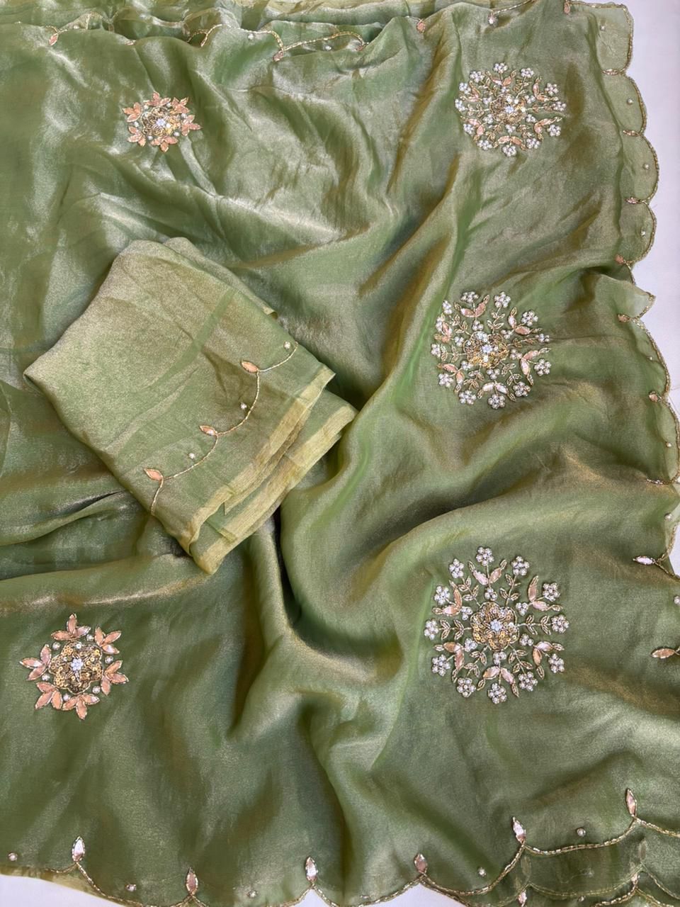 Premium Scalloped fendi Satin Sarees – Festive Edit ✨ SD-1097