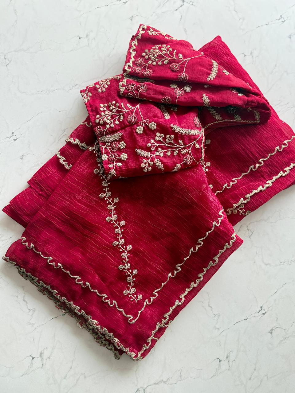Magenta Pink Shimmer Crush Organza Saree with Pearl-Finish Embroidery SD-1112