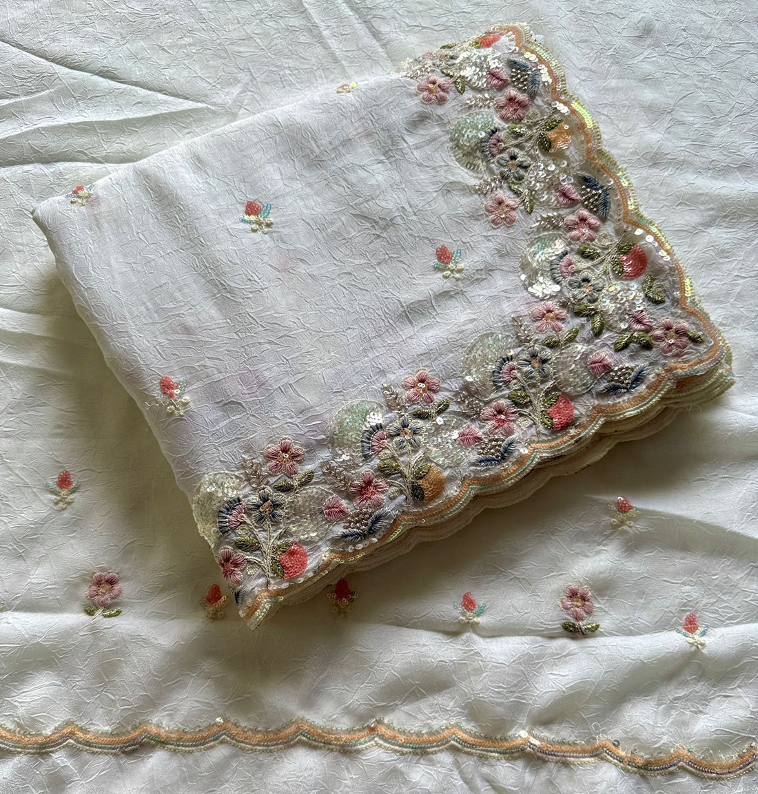 Exquisite Floral Cutwork & Scalloped Borders Soft Crush Silk Fabric SD-1106