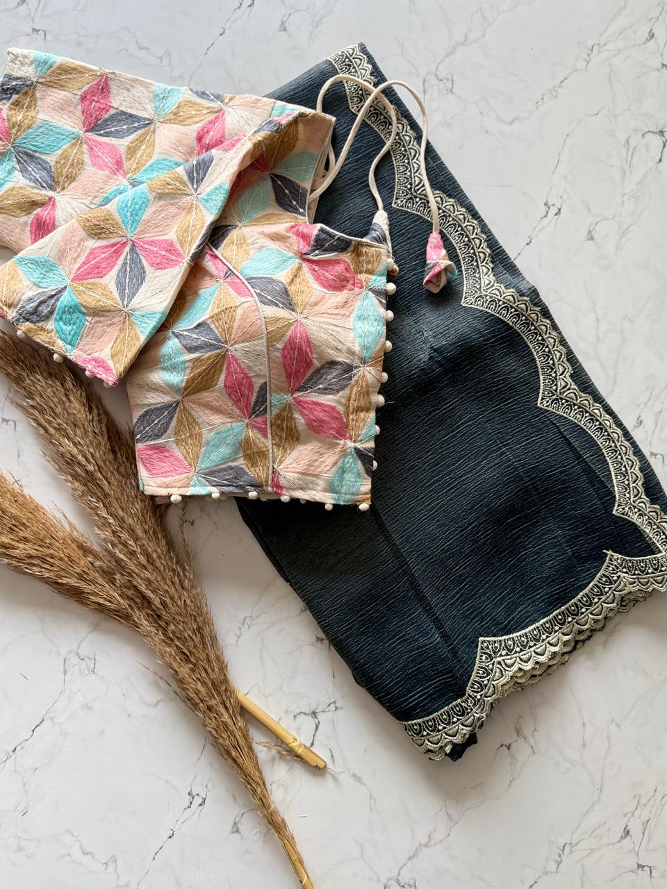 Luxury Crunchy Munch  Saree with Designer Embroidered Blouse SD-1115