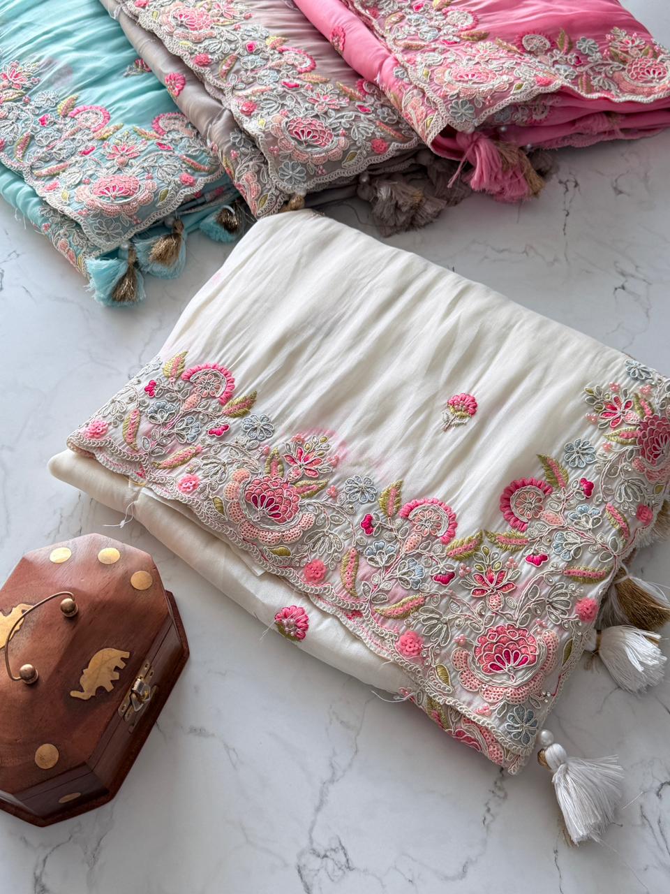 Primium Pure Chandrika Shimmer Fabric With 12 Nidlle Multy Thread Codding SEQUNCE work AND HEVAy Tussles SD5053
