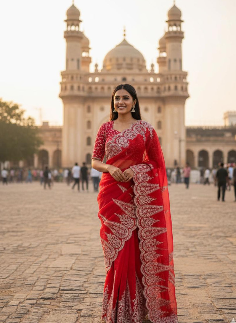 Hand-Embroidered Organza Saree with Scalloped Borders SD-1120