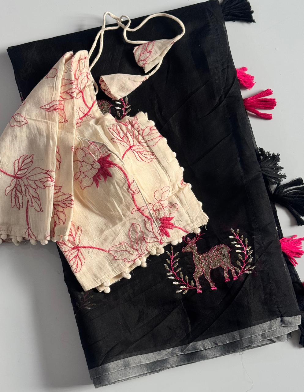 Matka deer" Saree with Contrast embroidered Blouse SD-1119