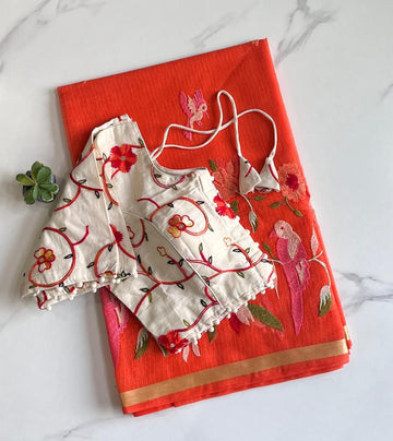 Premium Kota Doriya Saree with Zari & Multi Thread sparrow Embroidery done on all over the saree