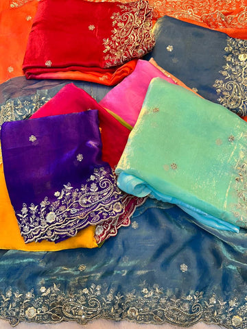 KERI PEDDING   Very soft & elegant rich look fendy sartin pedding fabric with beautiful embroidery 3 mm sequence work heavy border with buttis in all over saree aarco