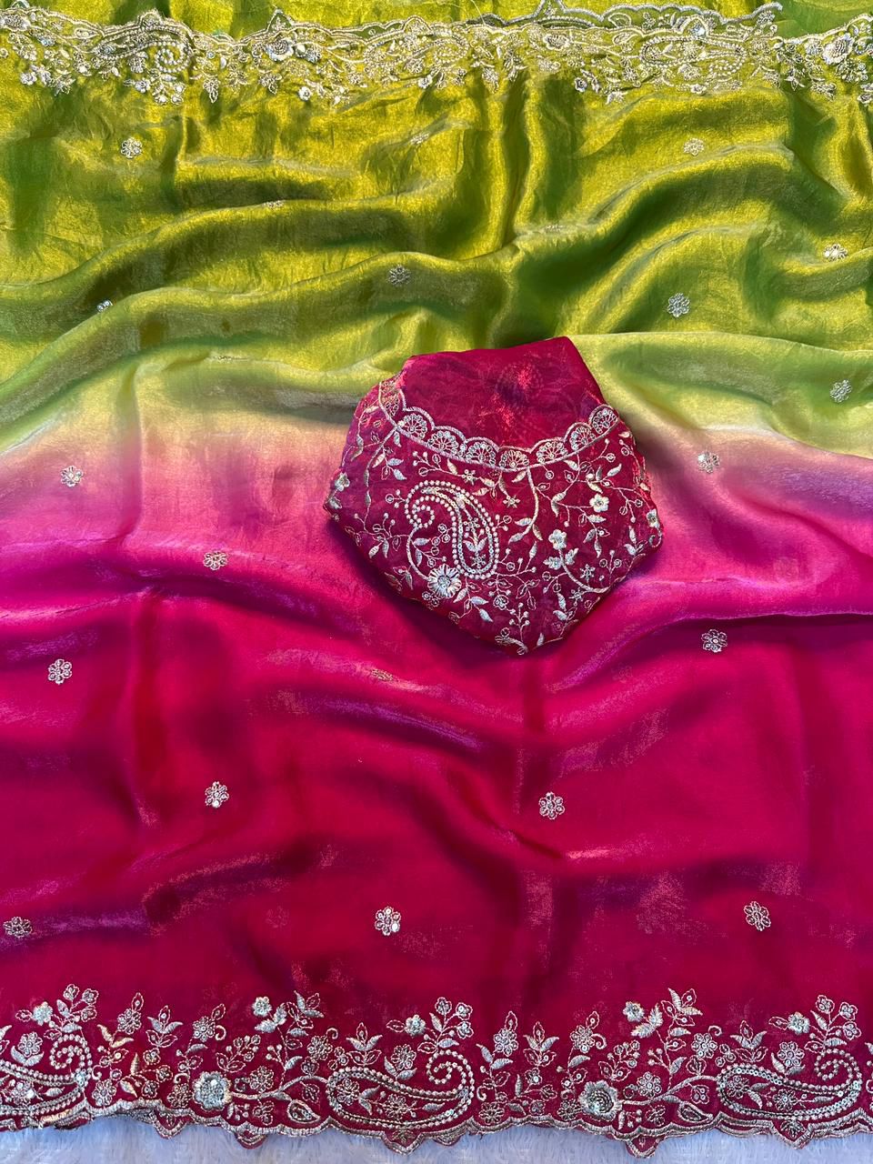KERI PEDDING   Very soft & elegant rich look fendy sartin pedding fabric with beautiful embroidery 3 mm sequence work heavy border with buttis in all over saree aarco