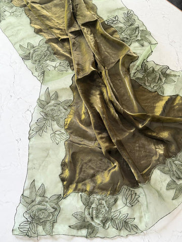Primium Pure Space Silk Saree (Fendi) With Applique Thread Work Lace Border  scalp In All over Saree SD5064