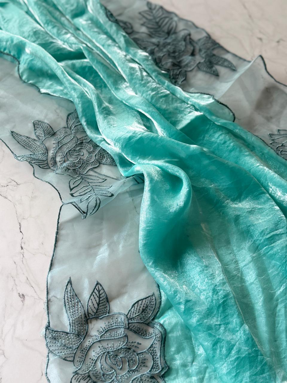 Primium Pure Space Silk Saree (Fendi) With Applique Thread Work Lace Border  scalp In All over Saree SD5064