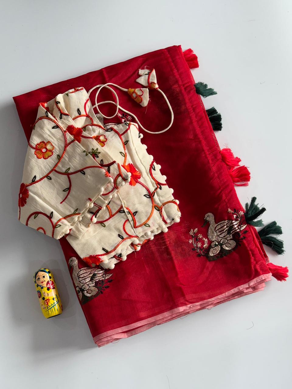 Premium Chanderi saree with DEER work on all over the saree  Cotton tassels attached on saree  Teamed with pure khadhi stitched blouse piece SD5067