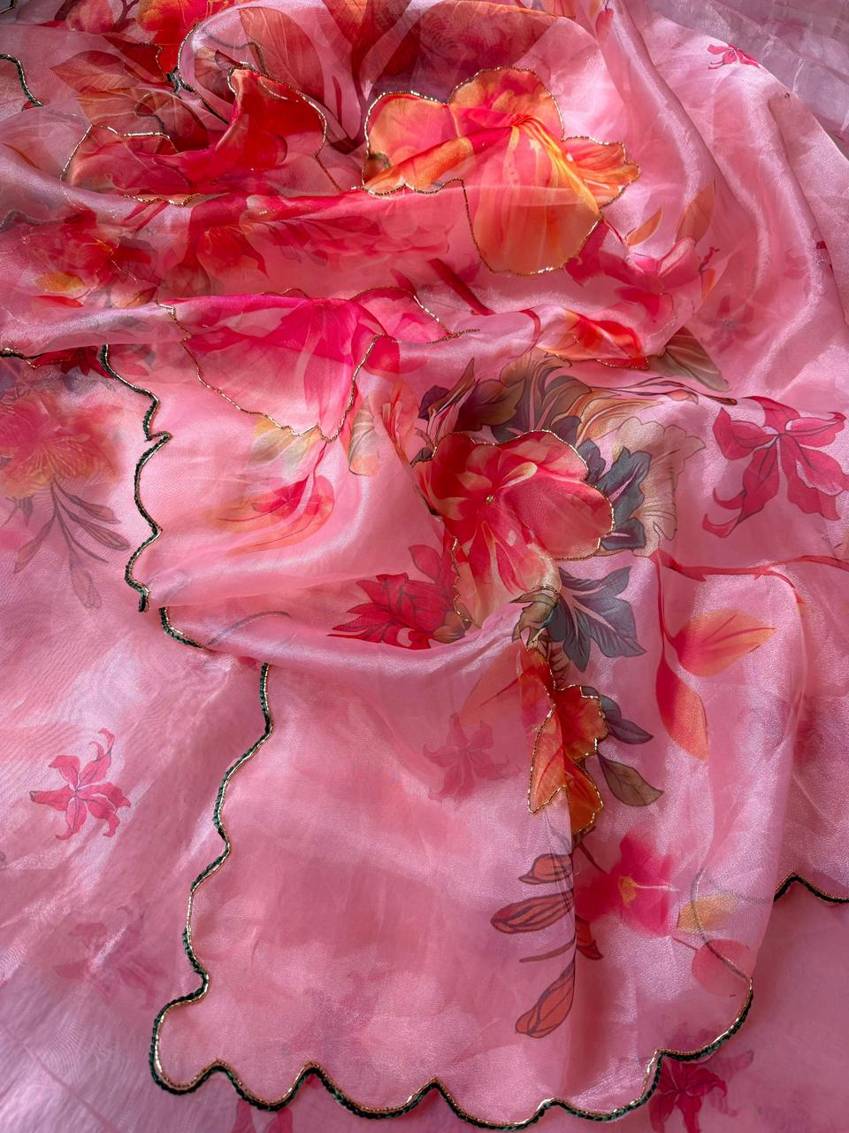 BEAUTIFUL SOFT ORGANZA DIGITAL PRINT SAREE WITH FULL HANDWORK AND AARKA & KATDANA BORDER..! UNSTITCHED DIGITAL PRINT ORGANZA SILK BLOUSE