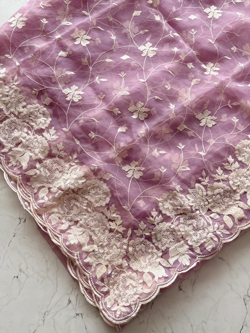 Primium Orgenza Tissue Saree With Multy Cotton Thread Work and Scalp Border   Blouse Bangalori Silk Lilac Color SD5083