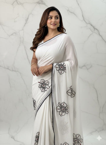 Primium Cruncy Silk With Knot and Mirror handwork , Gpo Lace Border   Blouse Running Crunchy With Mirror Work Butta  SD5086