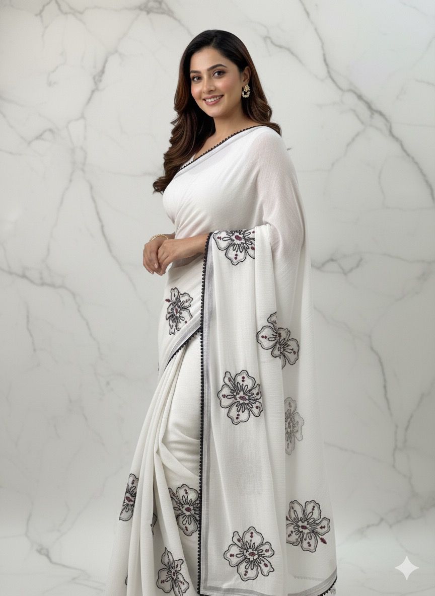 Primium Cruncy Silk With Knot and Mirror handwork , Gpo Lace Border   Blouse Running Crunchy With Mirror Work Butta  SD5086
