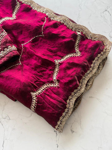 Primium Fendi (sapaceSilk) with Bits Handwork All over Saree and Heavy Sequnce Saclap Border   Blouse Running Space Silk With Heavy Heavy front and Sleeves Work SD5087