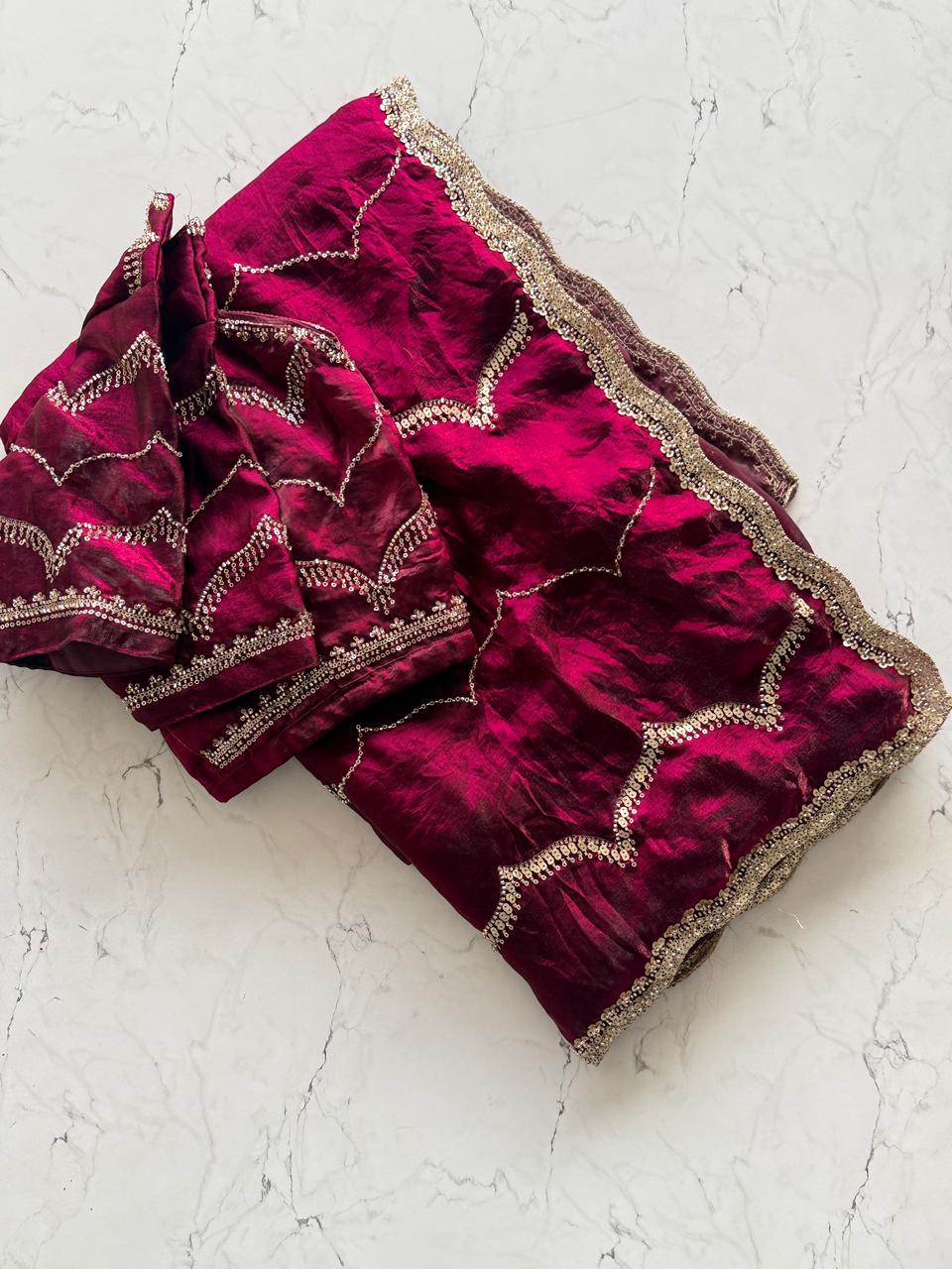 Primium Fendi (sapaceSilk) with Bits Handwork All over Saree and Heavy Sequnce Saclap Border   Blouse Running Space Silk With Heavy Heavy front and Sleeves Work SD5087