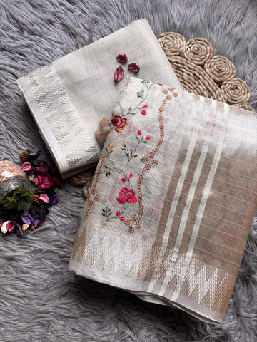 Primium Soft Banarsi Tissue Silk With Multy Color Magic Thread Work and Tussles   Blouse Running Banarsi Tissue Silk SD1214