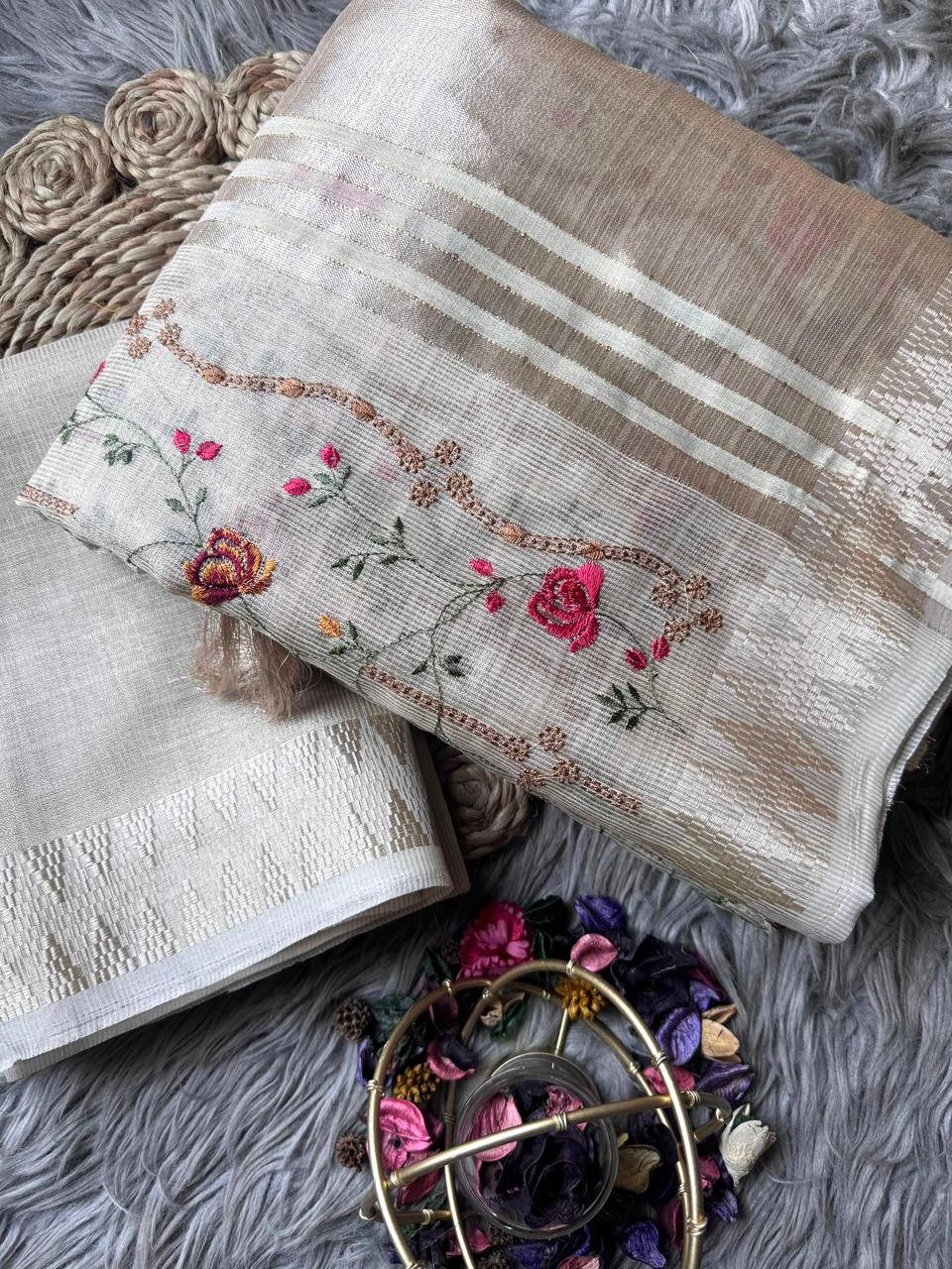 Primium Soft Banarsi Tissue Silk With Multy Color Magic Thread Work and Tussles   Blouse Running Banarsi Tissue Silk SD1214