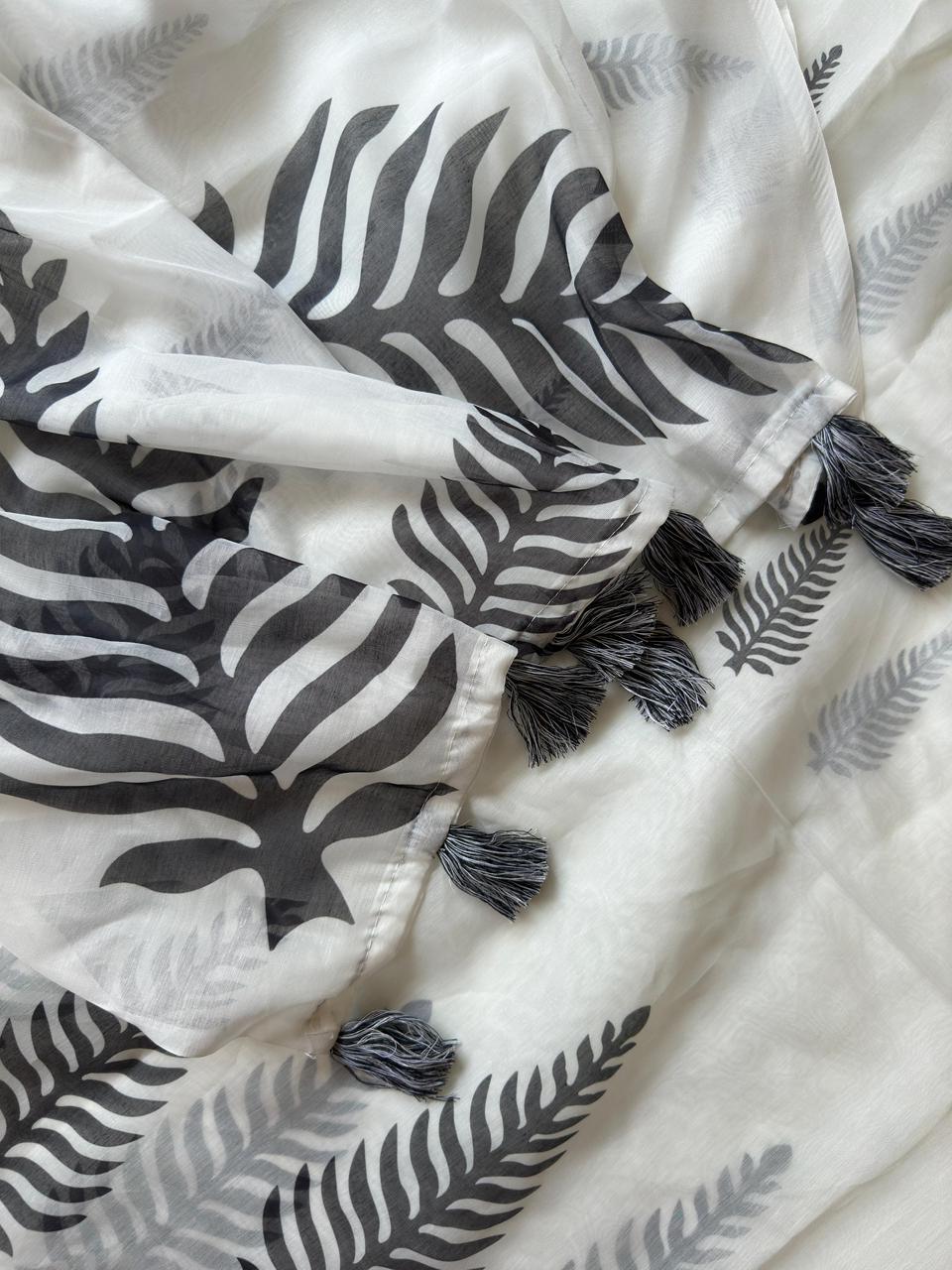 Pure Chanderi Cotton With Digital Black & White Printed Concept With Tussles   Blouse Running Chanderi Cotton Printed  SD1231