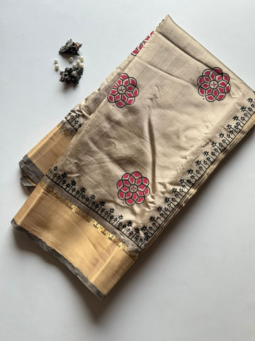 Primium Soft Tussar Weaving Sequnce Saree with Handblock Batik print All over saree Blouse Running Tussar Saree With Batik Print SD1205