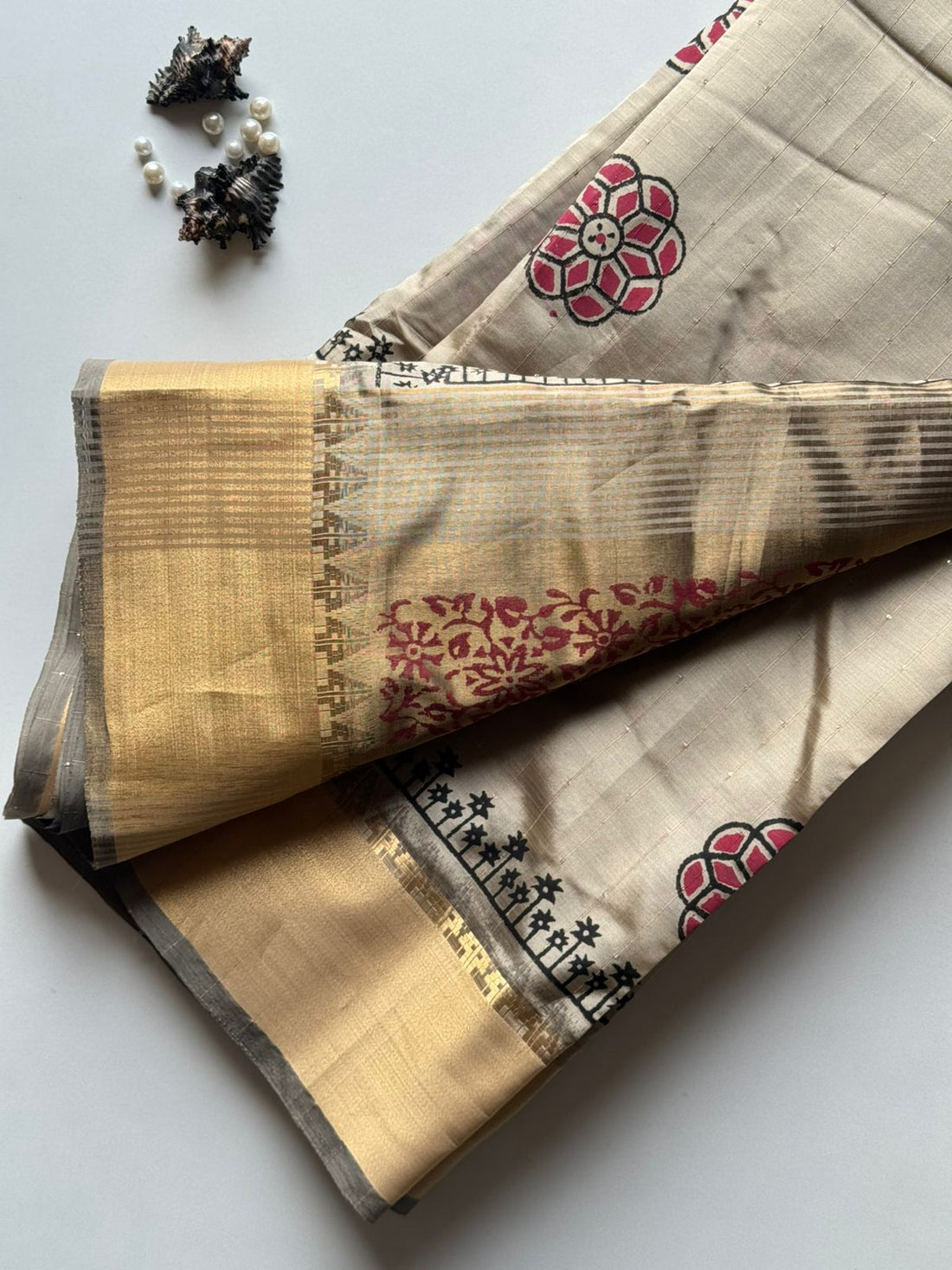 Primium Soft Tussar Weaving Sequnce Saree with Handblock Batik print All over saree Blouse Running Tussar Saree With Batik Print SD1205