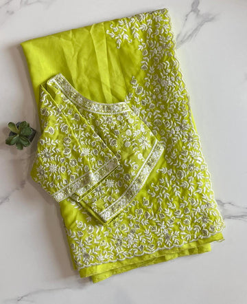 Premium Tabi Silk saree with elegant chikankari work on all over the saree as shown  Blouse running Tebby Orgenza Silk With Mutly Thread Sequnce Work SD5094