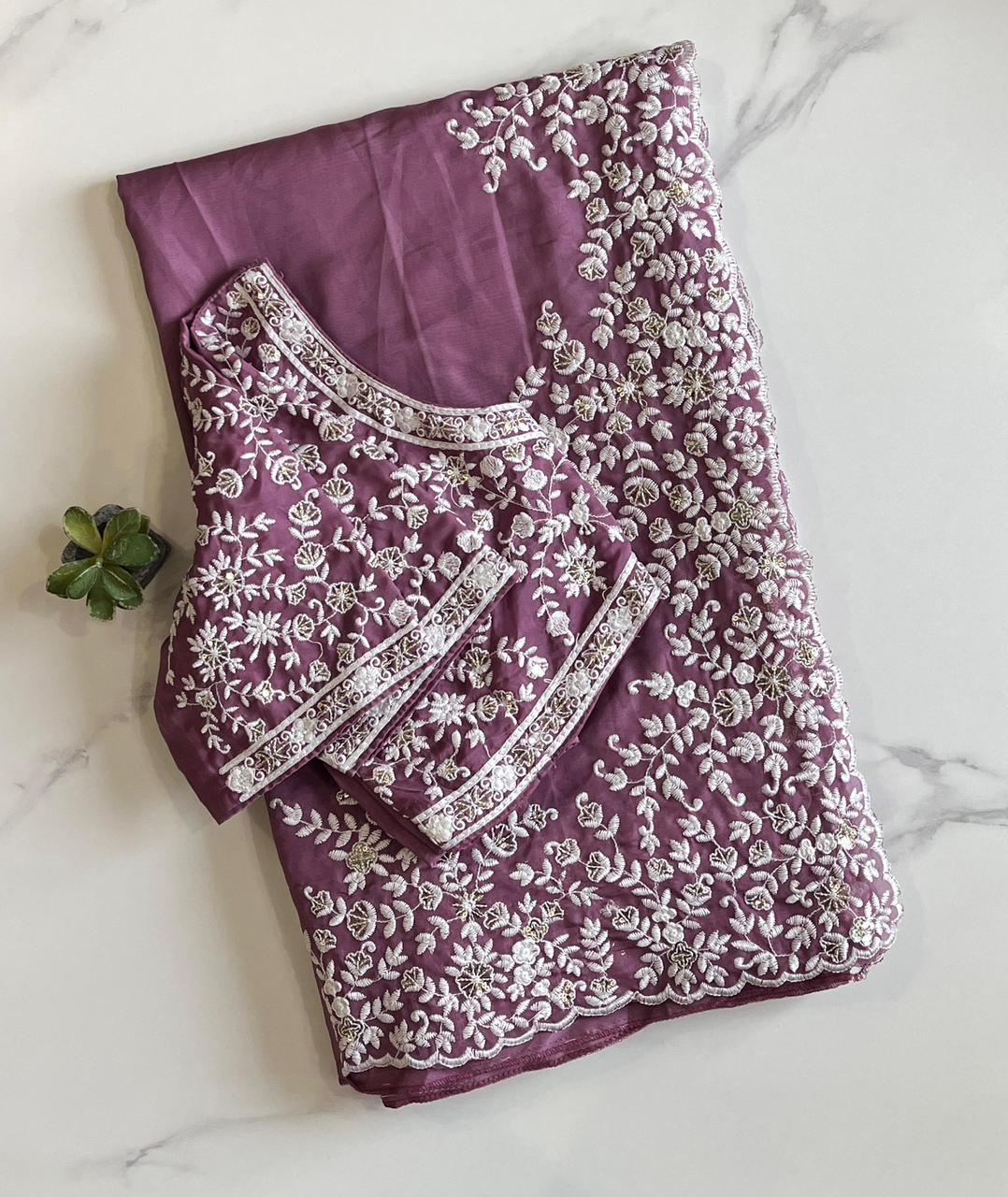 Premium Tabi Silk saree with elegant chikankari work on all over the saree as shown  Blouse running Tebby Orgenza Silk With Mutly Thread Sequnce Work SD5094