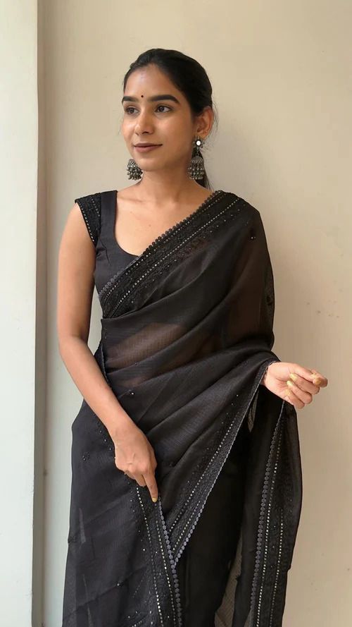 Primium Kota Doriya Saree With Multy Sequnce Thread Work And GPO lace Border four side   Blouse Running Kota Doriya With Sleeves Work   (Unstiched) SD5095
