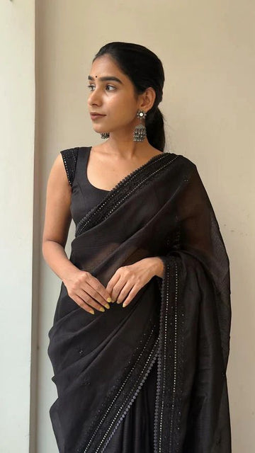Primium Kota Doriya Saree With Multy Sequnce Thread Work And GPO lace Border four side   Blouse Running Kota Doriya With Sleeves Work   (Unstiched) SD5095