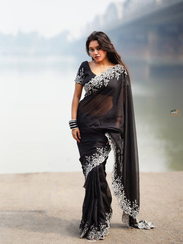 Premium Tabi Silk saree with white thread work on saree  Scalloped thread work on either side  Teamed with designer Orgenza Tebby Blouse with sleeves work SD5012