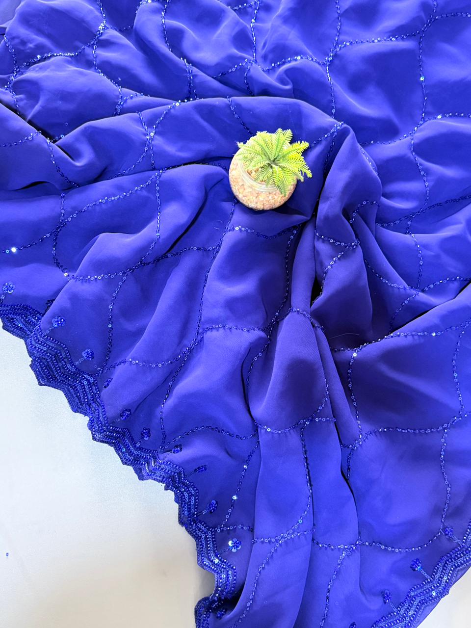 Primium Pure Georrgte Saree With Fully Heavy Bits Sequnce Work All over saree And Designer Scalp Border  Blouse Running Pure Georrget With Bits Work All over (Unstiched )  SD5096