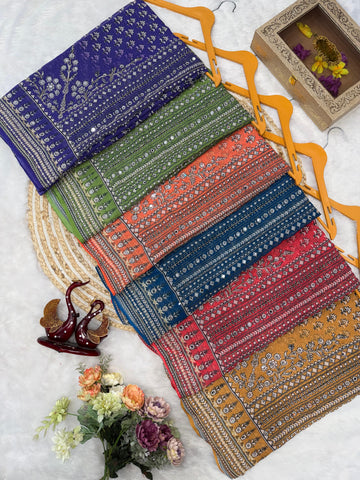 Soft Fox Georgette, Beautiful katdana and real mirror work, Fox georgette with real mirror and hand work