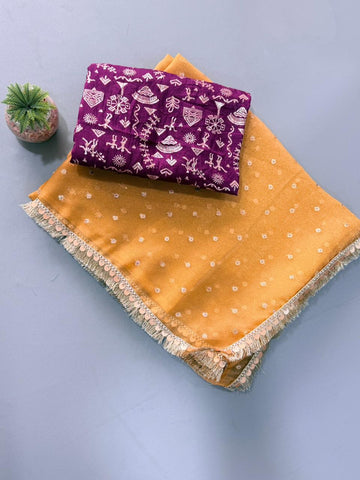 Primium Soft Chiffone SHIMMAR Two Tone fabric Saree With Heavy Sequnce Furr Lace Border (5.5 MTR cut )   Blouse pure Viscous Jeqard weave base fabric SD6071