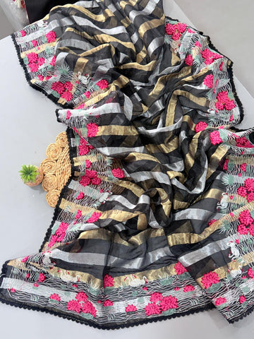 Primium Soft Orgenza Tissue With golden Silver Zari Stripe in all over saree And Multy Thread Work  SD6081