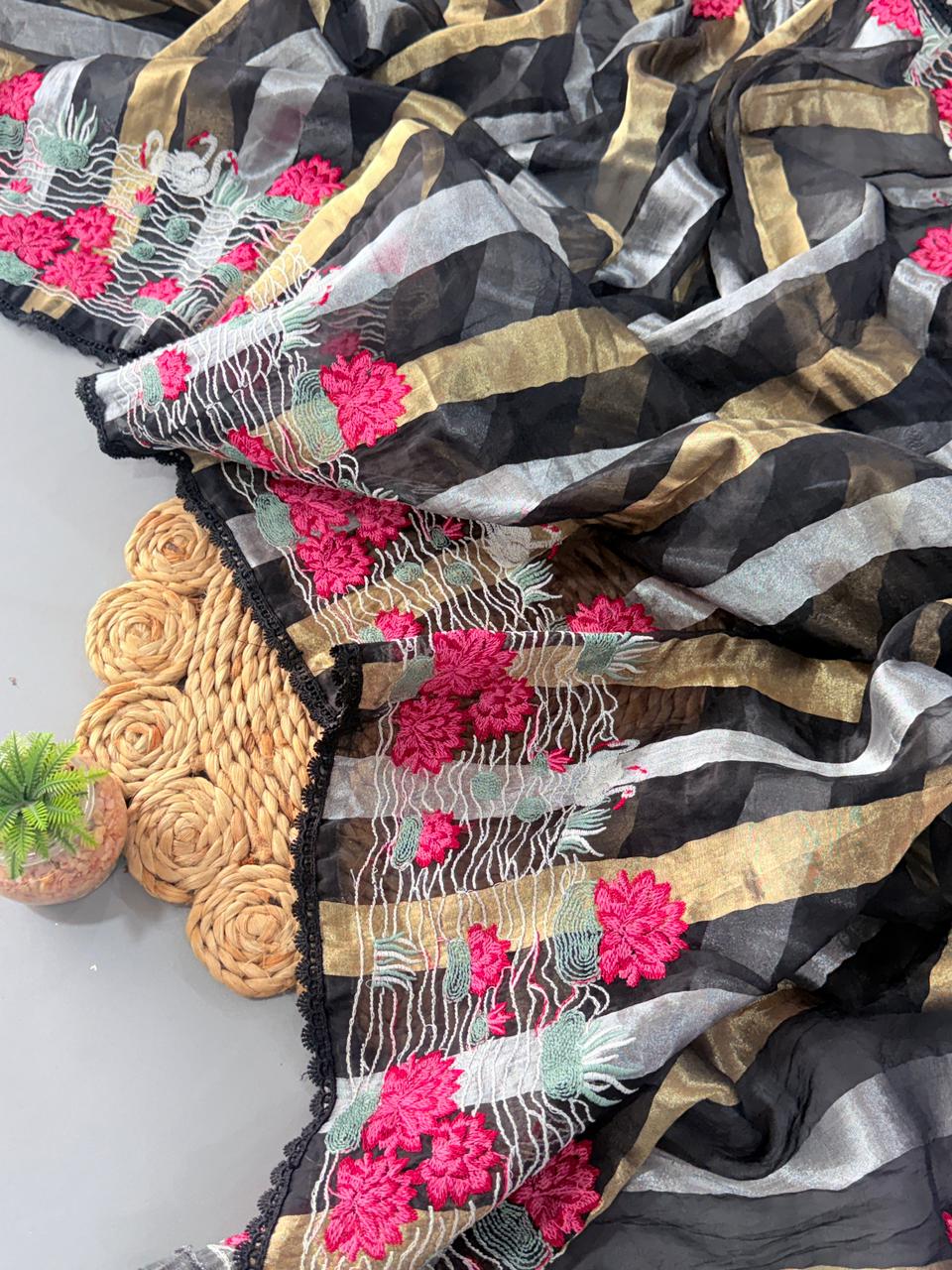 Primium Soft Orgenza Tissue With golden Silver Zari Stripe in all over saree And Multy Thread Work  SD6081