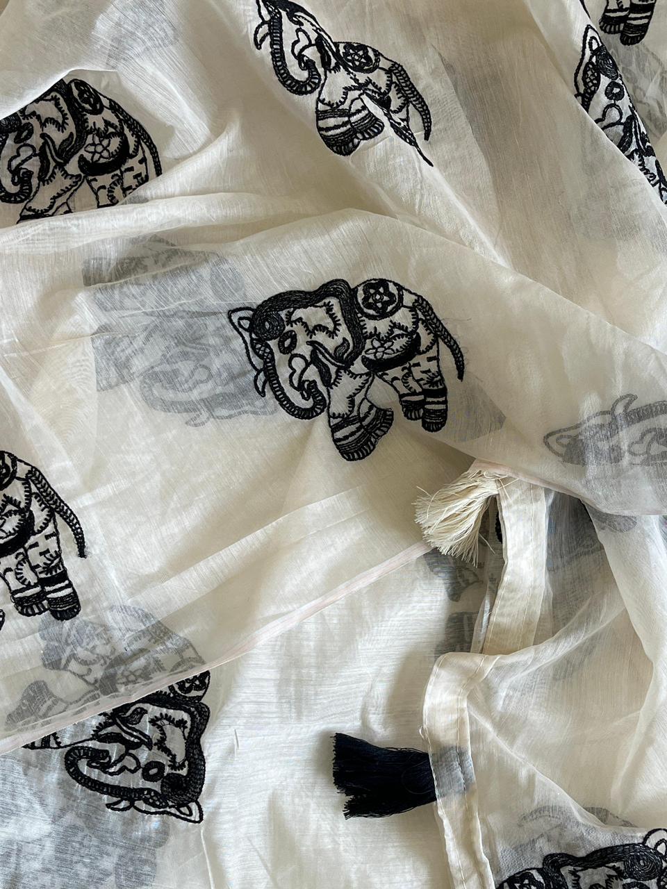 Premium chanderi saree with Elephant embroidery on all over the saree  Cotton tassels attached on pallu as shown