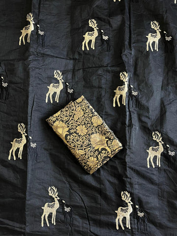 Premium Chanderi saree with Deer work on all over the saree  Cotton tassels attached on saree  Teamed with pure Jequard brocate blouse unstiched SD5044