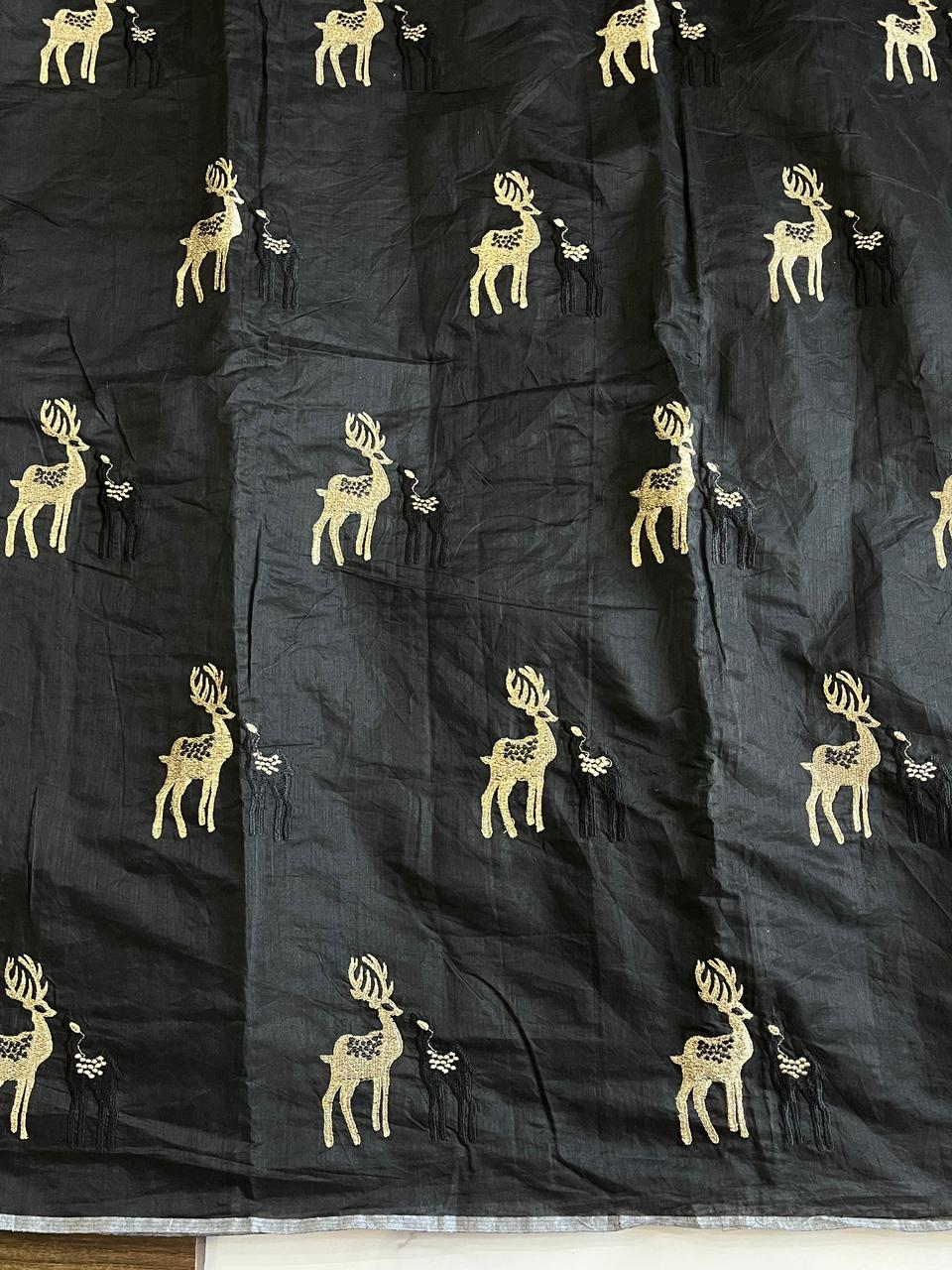 Premium Chanderi saree with Deer work on all over the saree  Cotton tassels attached on saree  Teamed with pure Jequard brocate blouse unstiched SD5044