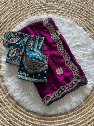 Pure soft Fandy sattin  silk saree with amazing embroidery  sequence work butta and multi thread work borders with aarco..