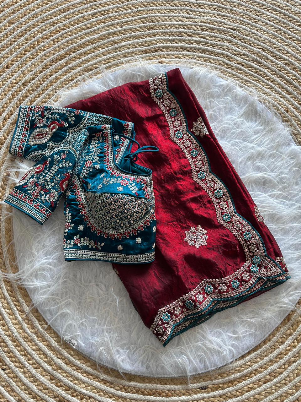 Pure soft Fandy sattin  silk saree with amazing embroidery  sequence work butta and multi thread work borders with aarco..