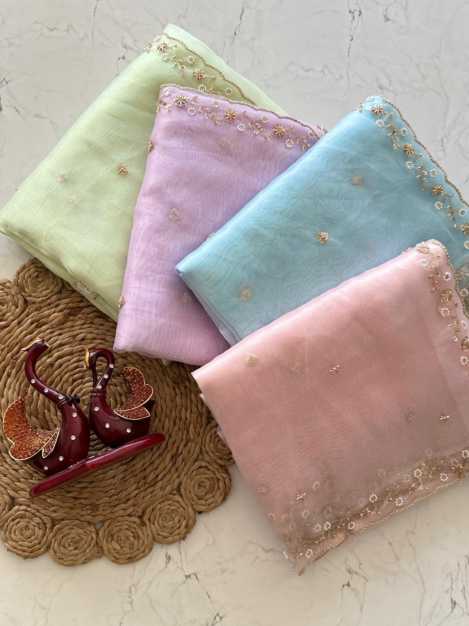 Primium Pure orgenza Tissue Pastel Shades With Bits Work And Scalp border  Blouse Shatin Embose Weave Fabric With Bits Sleeves Work (Unstiched )
