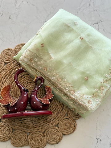 Primium Pure orgenza Tissue Pastel Shades With Bits Work And Scalp border  Blouse Shatin Embose Weave Fabric With Bits Sleeves Work (Unstiched )