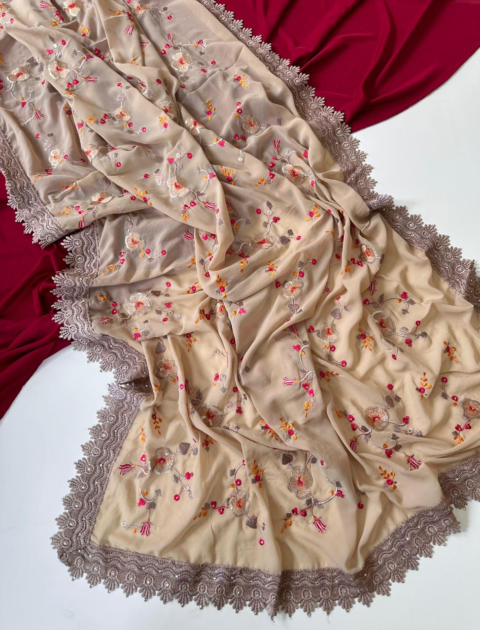 Pure georgate saree with all over sequins embroidered jaal  with cutwork multi thread cutwork design with diamond  with elegant pallu with georgett running  plain blouse