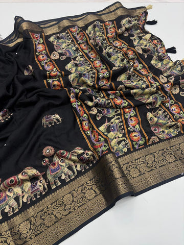 Pure Marsh Mellow silk saree with Unique printed Sarees With designer AAri Mirror Work Saree all over saree With Rich Pallu With Heavy Fumka On Pallu