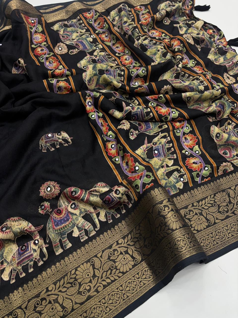 Pure Marsh Mellow silk saree with Unique printed Sarees With designer AAri Mirror Work Saree all over saree With Rich Pallu With Heavy Fumka On Pallu