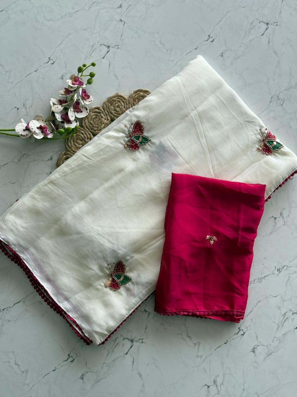 Pure Rangoli Silk With falling Material With Butterfly Bits Multy thread Work All over saree And GPO lace Border