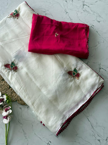 Pure Rangoli Silk With falling Material With Butterfly Bits Multy thread Work All over saree And GPO lace Border