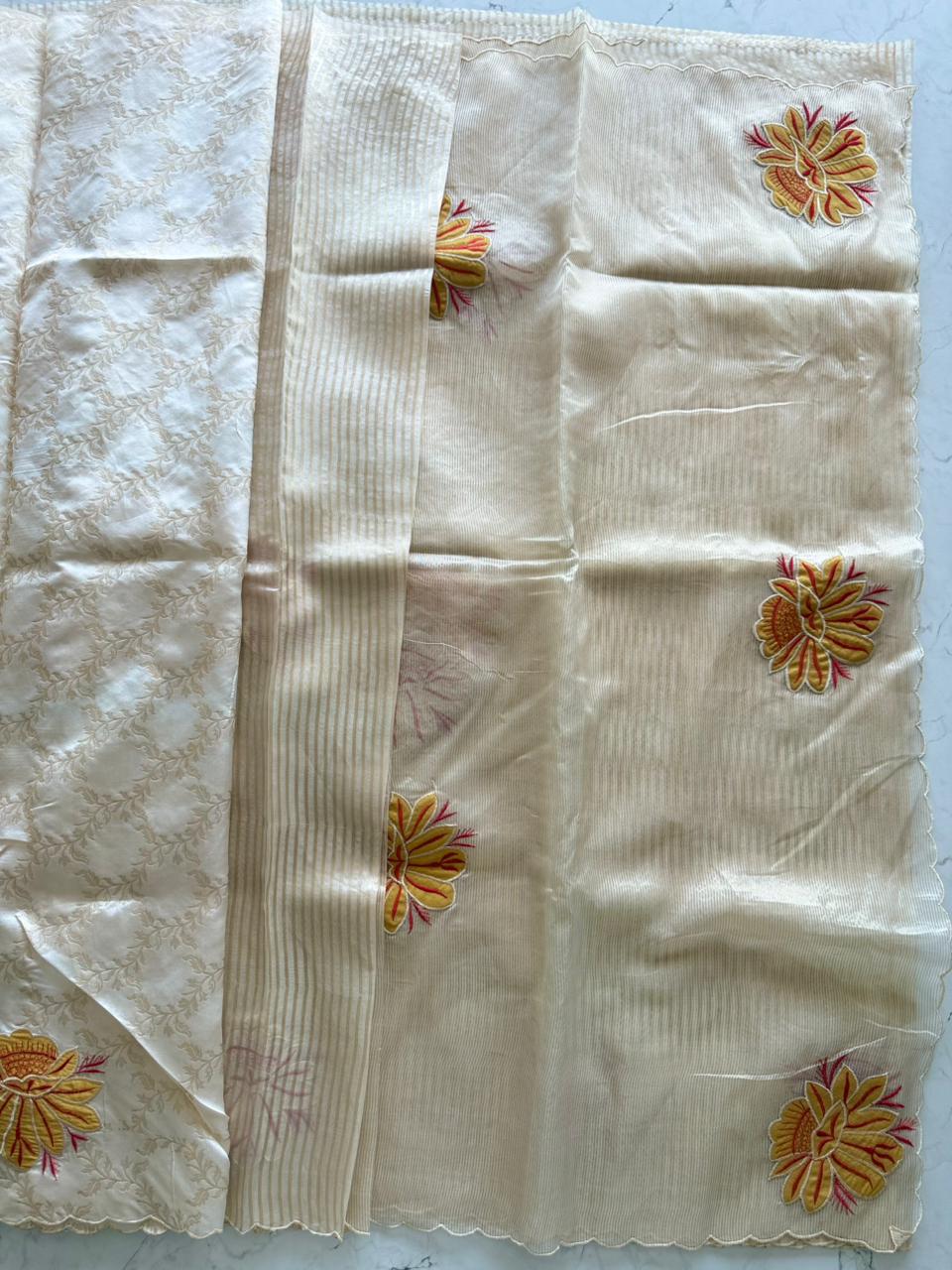 Primium Orgenza Saree With Zari Stripe half Saree small And Bug Stripe And Appliqué Flower Work All over Saree