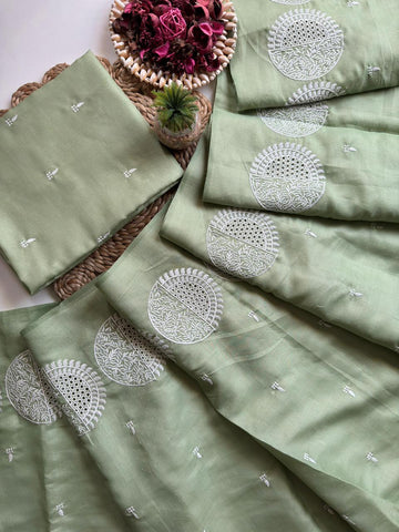 Pure Soft Tussar Silk With Weave Butti In Saree And Multy Thread work And hole work  Blouse Running With multy Thread Work Buttis (Unstiched) SD1125