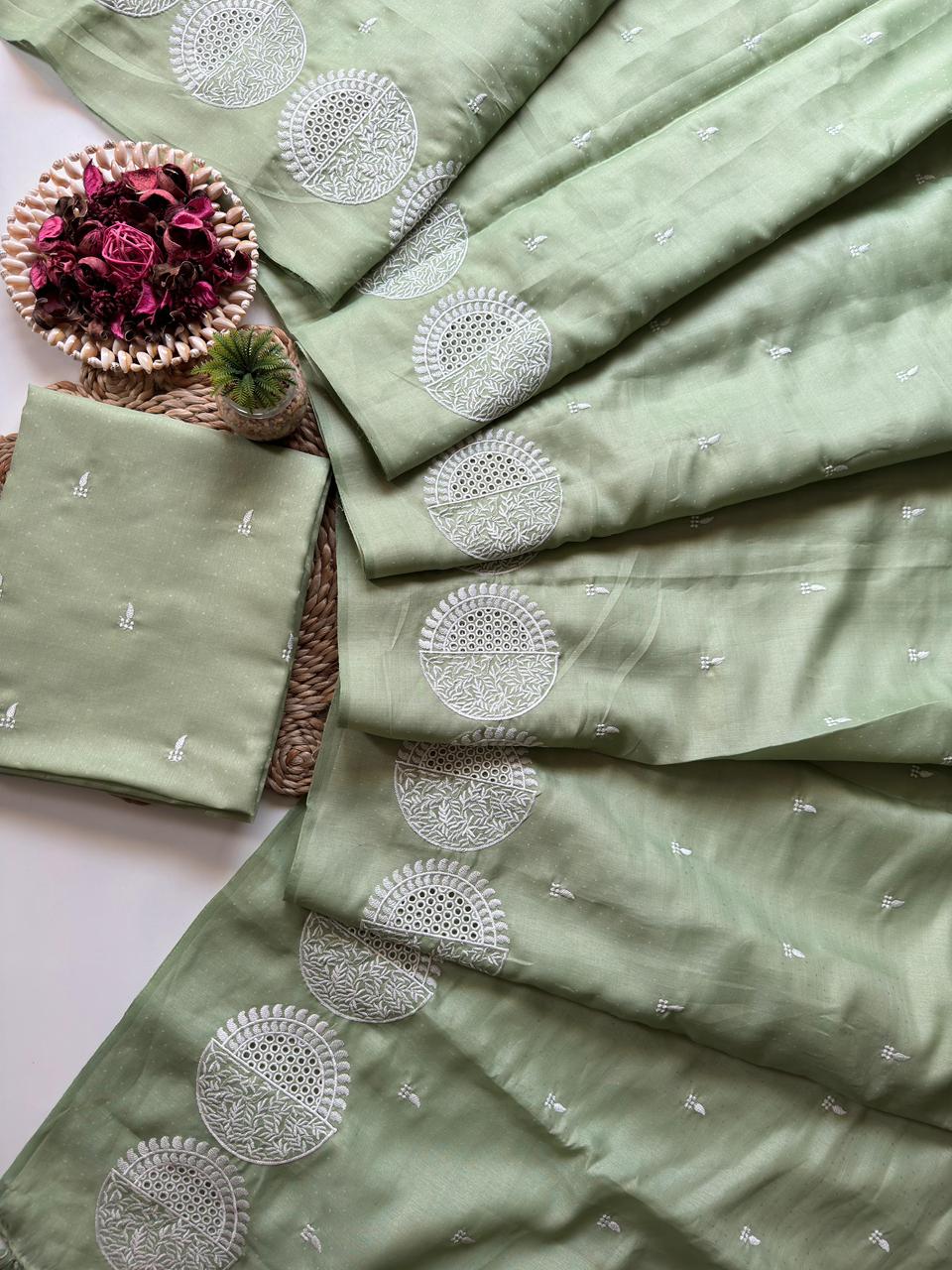 Pure Soft Tussar Silk With Weave Butti In Saree And Multy Thread work And hole work  Blouse Running With multy Thread Work Buttis (Unstiched) SD1125