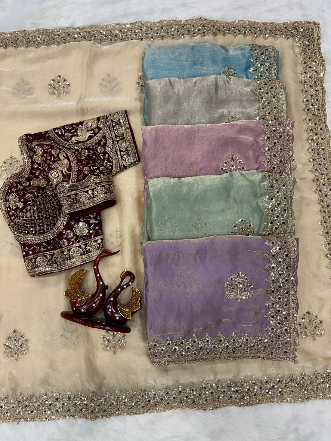 ⭕SAREE FAB. : Soft Frendy Satin Fabric  ⭕ WORK : Sequance and Zari Embroidery Work  ⭕ BLOUSE Premium heavy Embroidery work in Frendy Satin ( FULL STITCH BLOUSE)
